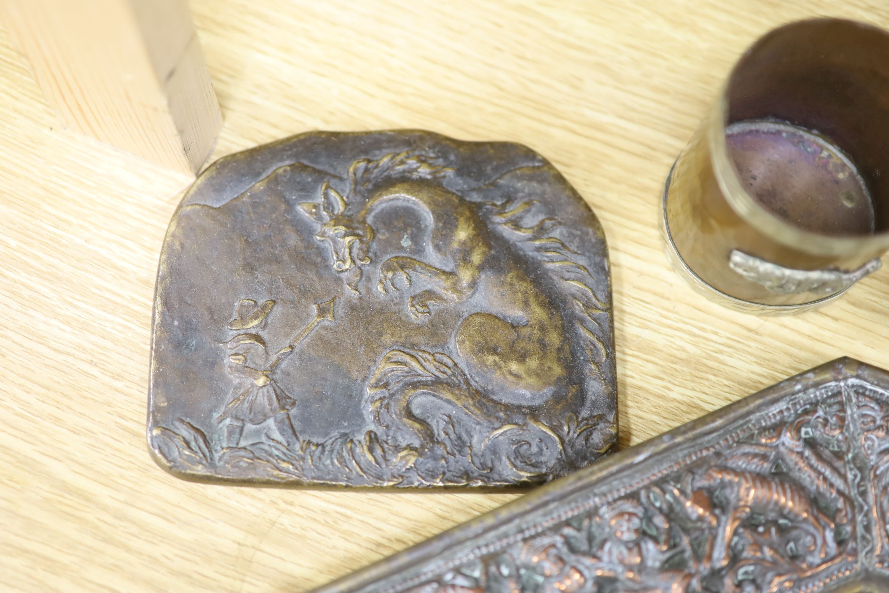 A pair of Indian cast metal trays and four other items, including a pair of octagonal embossed dishes, 46cm